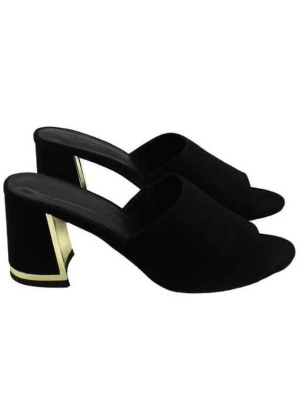 NWT H Halston Women's Spain Block Heel Dress Sandals Mules Size 9 Black Gold